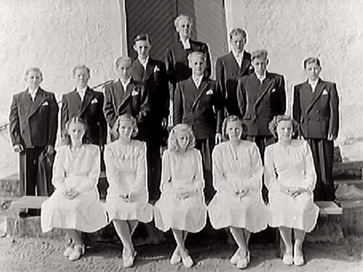 Prästen Karl-Gustav Andrén i mitten med konfirmander utanför Rolfstorp kyrka 1948. Sittande från vänster nr 1 Annmarie Larsson från Hishult. 2:a raden från vänster nr 3 Hilbert Larsson från Gödestad.