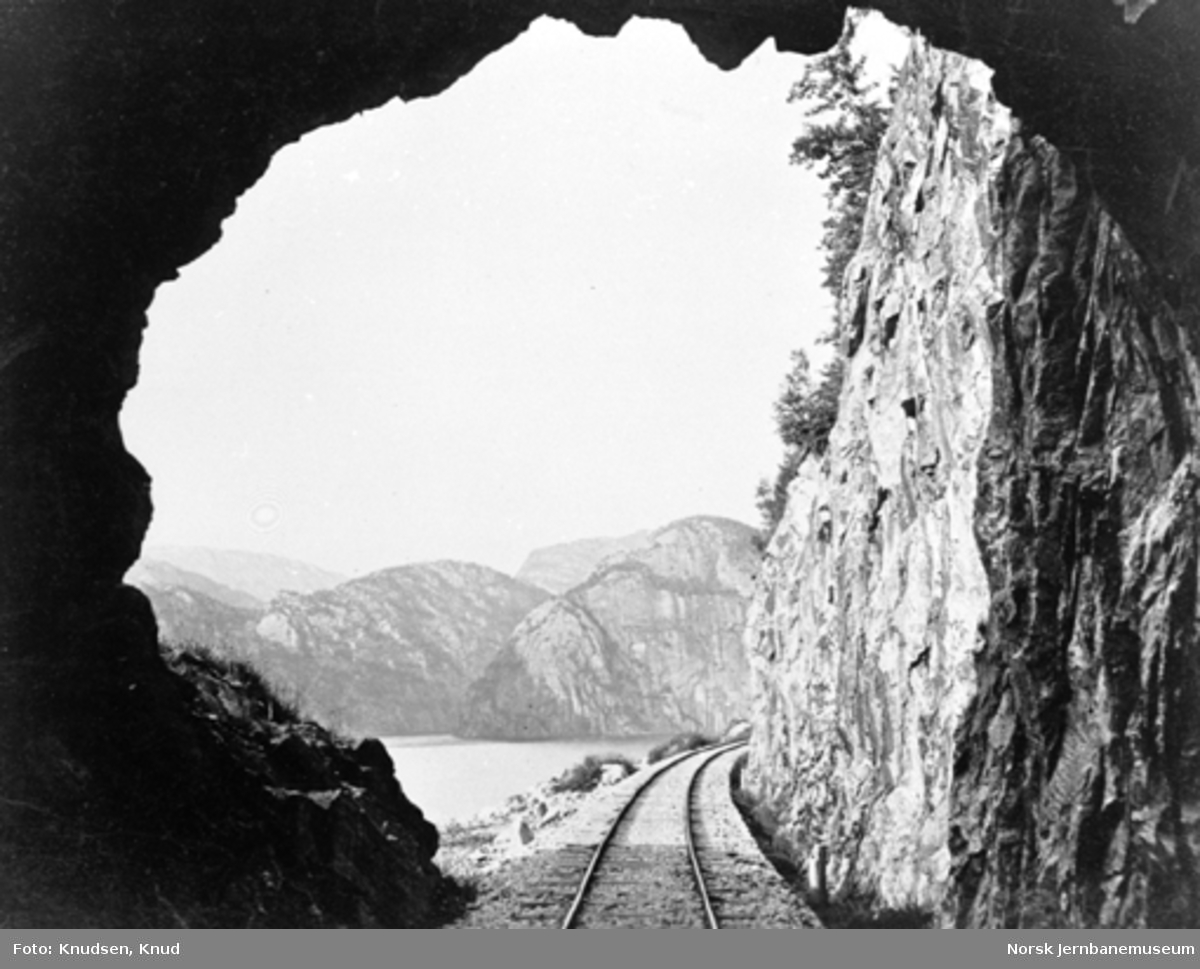Parti fra Vossebanen; foto ut fra tunnelåpningen i Bergsenden tunnel