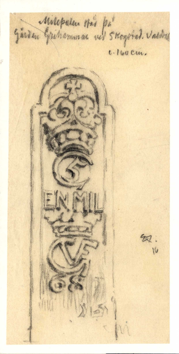Tegning av milestein med krone og skrevet "EN MIL"