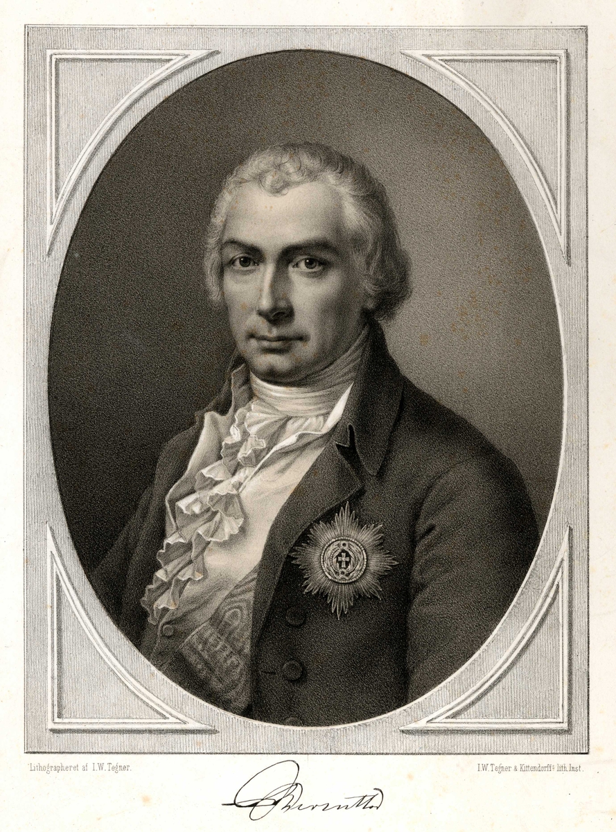 Portrett, brystbilde i oval av lensgreve Christian Ditlev Reventlow.