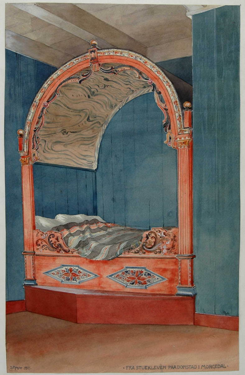 Johan J. Meyers akvarell (1917) av seng i stuekleven, Donstad, Morgedal, Kviteseid, Telemark.