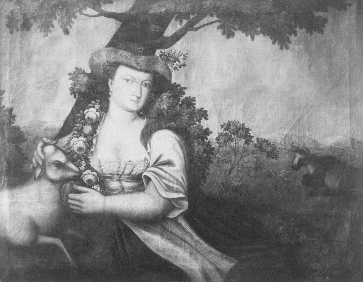Portrett, maleri av Antonette Sverdrup under et tre med et lam. Hyrdemotiv fra 1700-tallet.