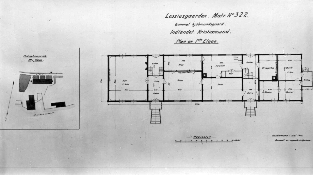 Avfotografert tegning. Grunnriss av første etasje i Lossiusgården, Kristiansund ca 1912.