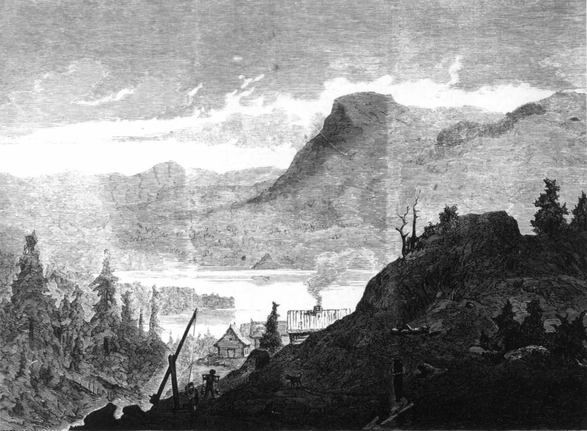 Avfotografering av tegning av O. Arborelius med tittelen "Från en studieresa i Norge, IV: Utsigt af Randsfjord från Oddnäs". Randsfjorden fra Odnes.