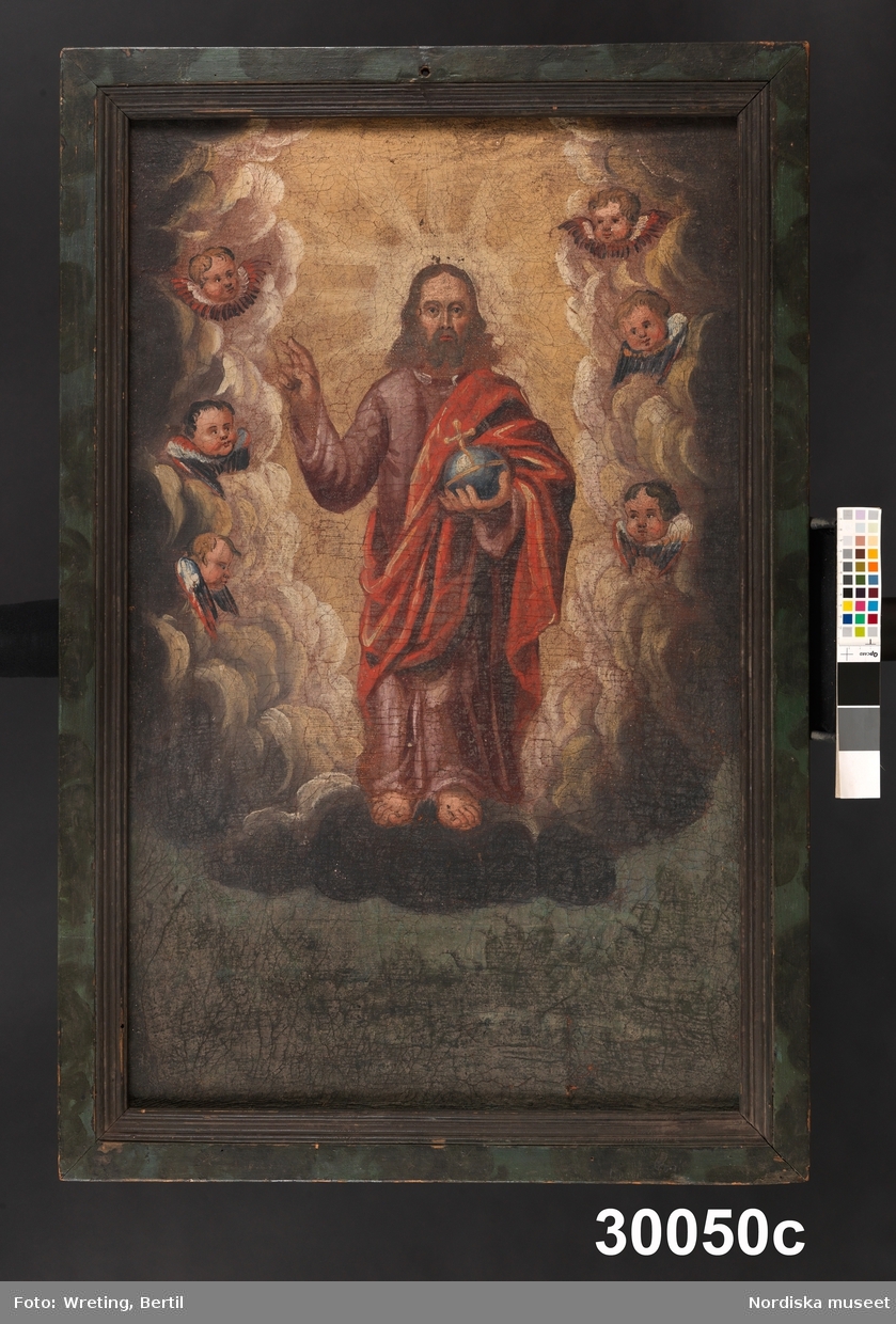 A. Mansporträtt, präst
B. Kvinnoporträtt
C. "Frälsarens bild omgiven av änglar"