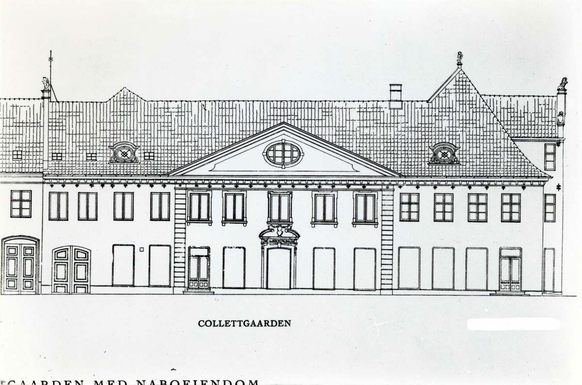 Collettgården, Kirkegata 15, Oslo. Nå på Norsk Folkemuseum. Tegning av fasade mot Tollbugata.