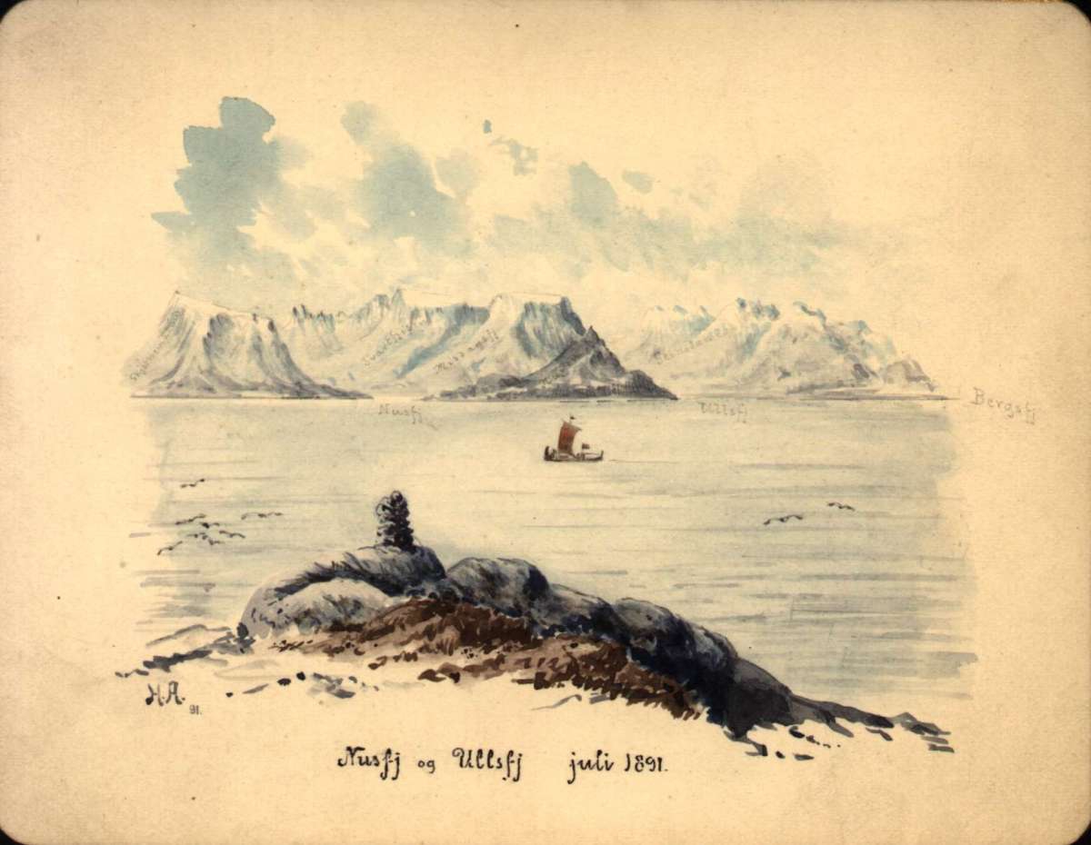 Postkort. Jule- og nyttårshilsen. Fjell og fjord. Motiv med Nusfjord og Ullsfjord i bakgrunnen juli 1891. Datert 14.12.1891.