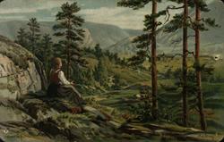 Postkort. Jule- og nyttårshilsen. Landskap med skog og fjell