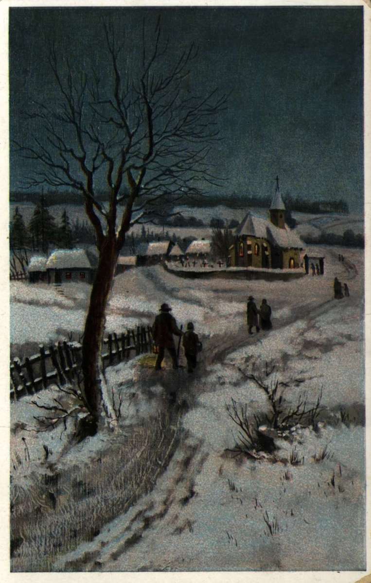 Postkort. Julehilsen. Vinterlandskap i kveldslys.
Kirkegjengere er på vei til messe. Stemplet 24.12.1913.