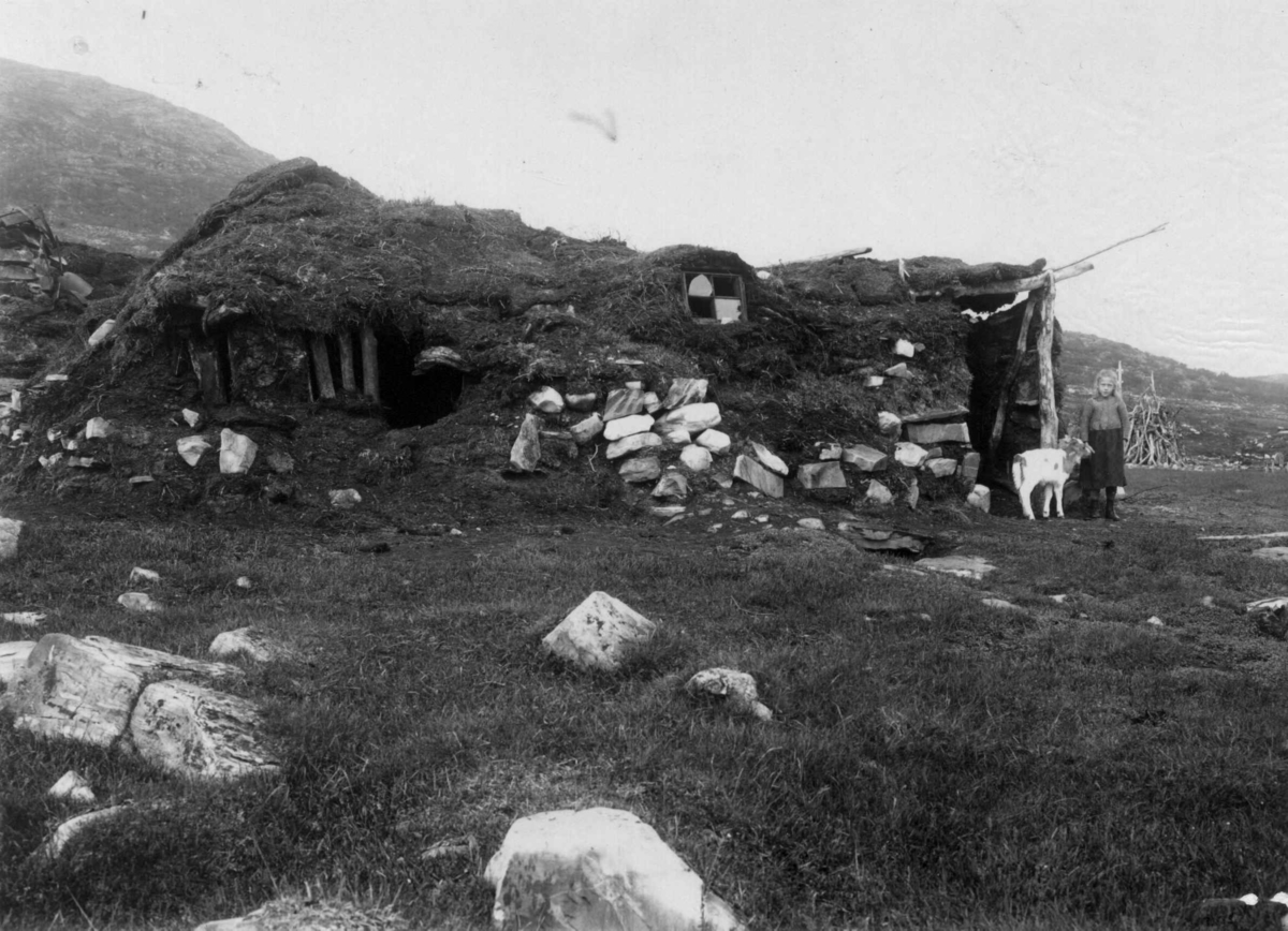 Gamme med jente og kalv stående utenfor, muligens Finnmark.
Serie fotografert av Robert Collett (1842-1913), amatørfotograf og professor i zoologi.