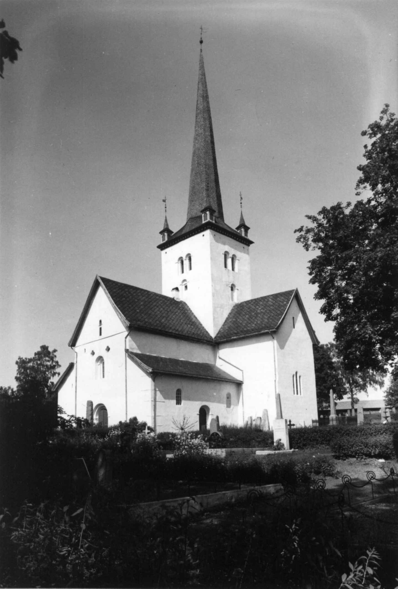 Ringsaker kirke, eksteriør, juni 1935. Kirkegård.
Omgitt trær.