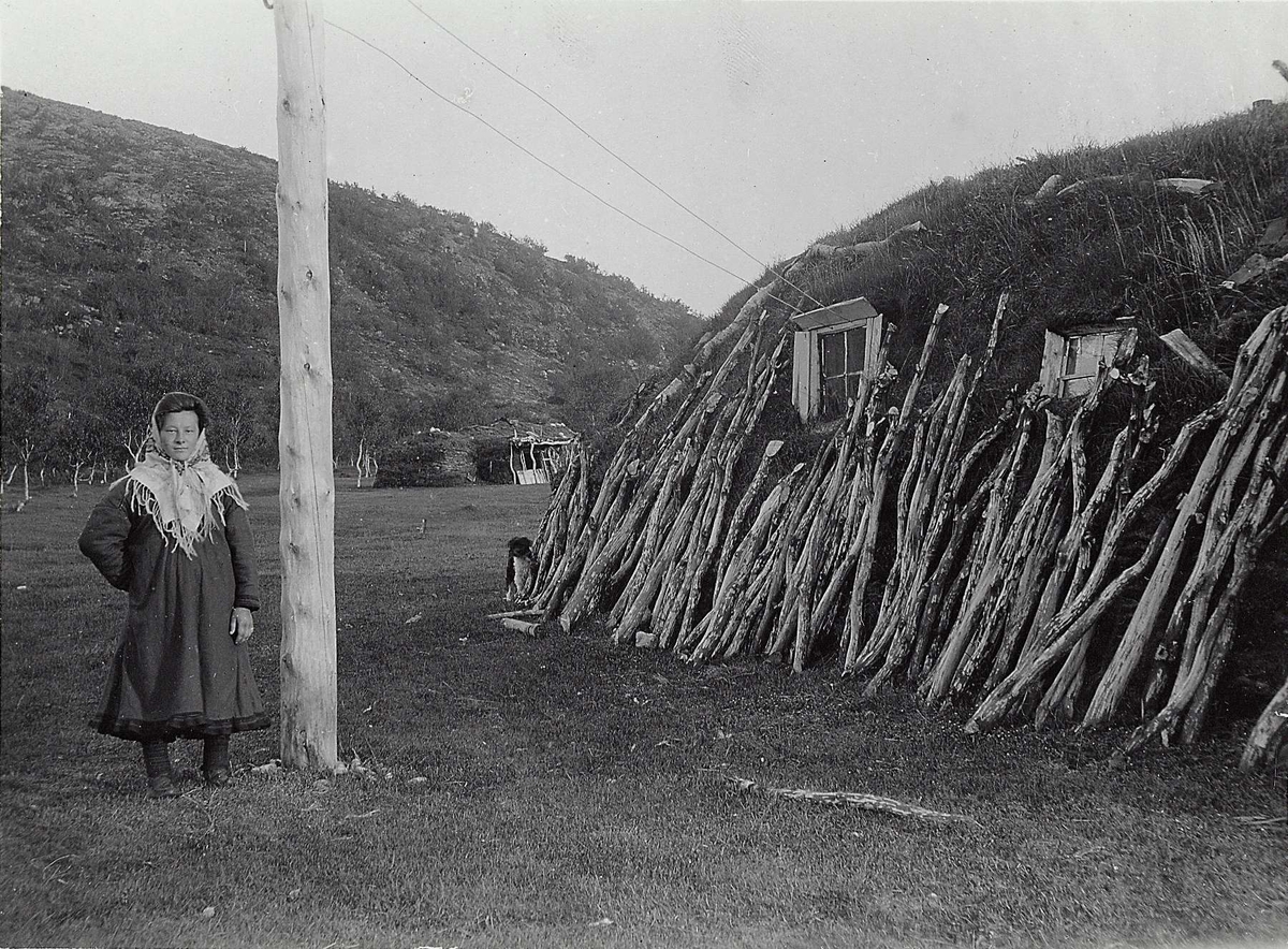 Kvinne i samisk drakt, stående foran gamme, Laksefjord, Lebesby. Telegrafstasjon, kvinnen er telegrafistinne. Hund ved gammeveggen. 
Del av serie fra en forskningsreise i Øst-Finnmark 1909.