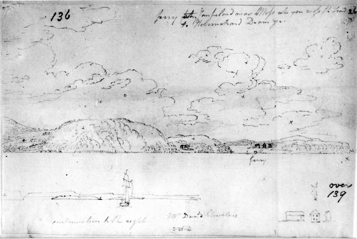 Moss, Østfold. Blyantskisse av John Edy: Drawings, Norway, 1800. "Near Moss (Jeløya?) When you cross the Fjord to Holmestrand". Skissealbum utlånt av Deichmanske bibliotek.
