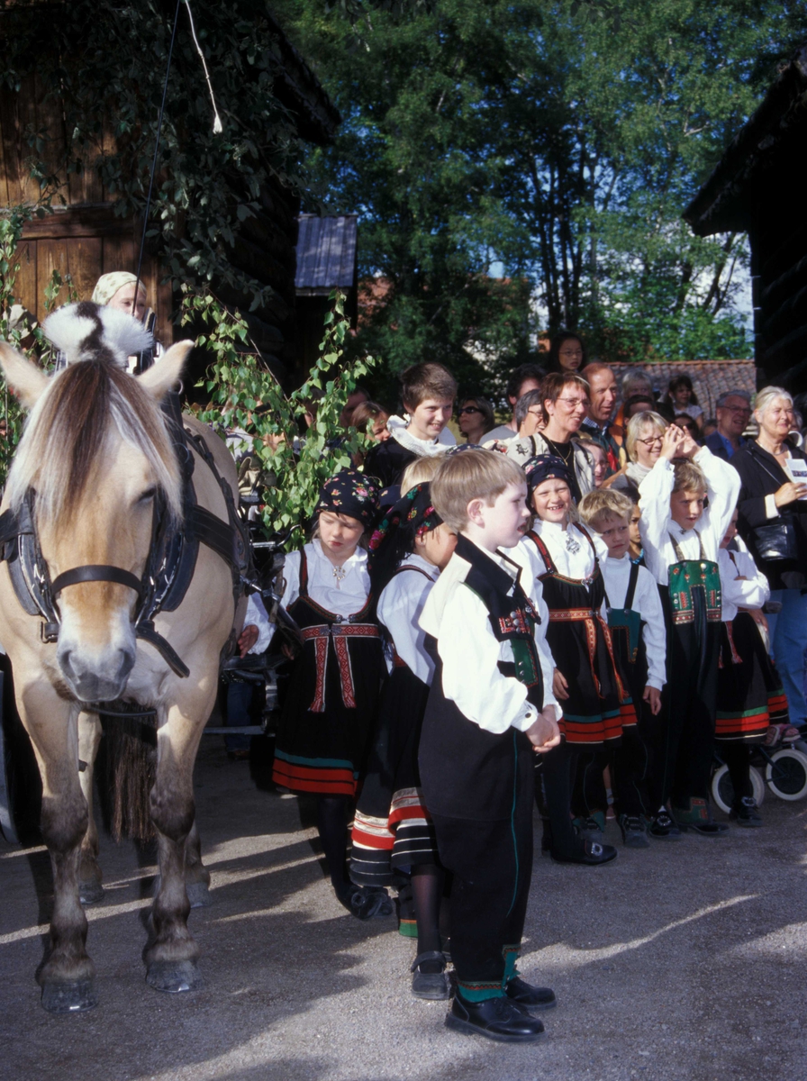 St. Hansaften og jonsokbryllup på Norsk Folkemuseum 2004. Her er Norsk Folkemuseums dansegruppe i sine setesdalsdrakter under oppvisning i Hallingdalstunet.




