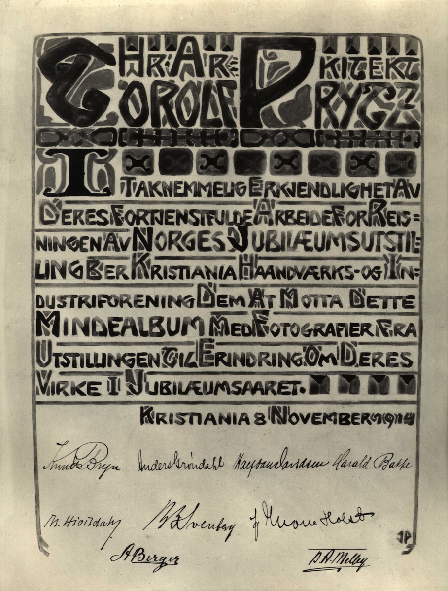 Side fra minnealbum til Torolf Prytz i forbindelse med Norges Jubilæumsutstilling i 1914. Torolf Prytz var formann i utstillingskomiteen.