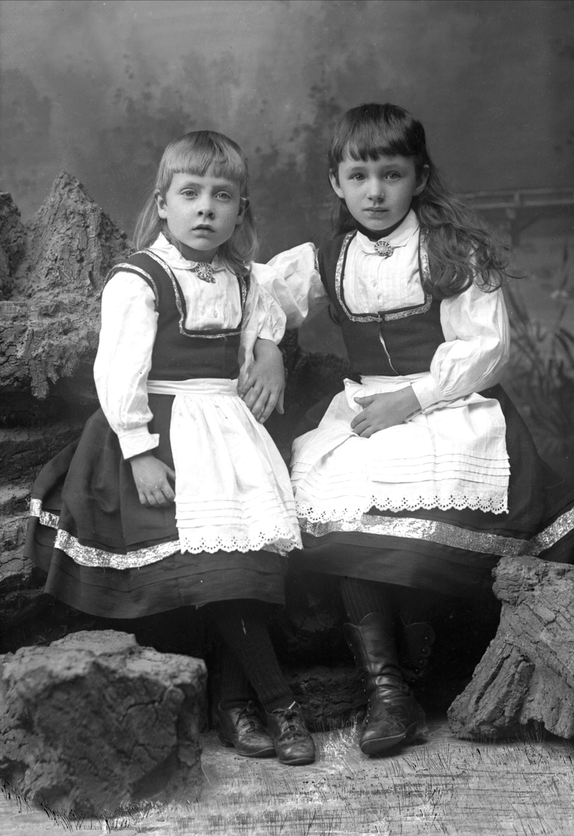 Gruppeportrett, to piker i bunad. Norsk Folkemuseum / DigitaltMuseum