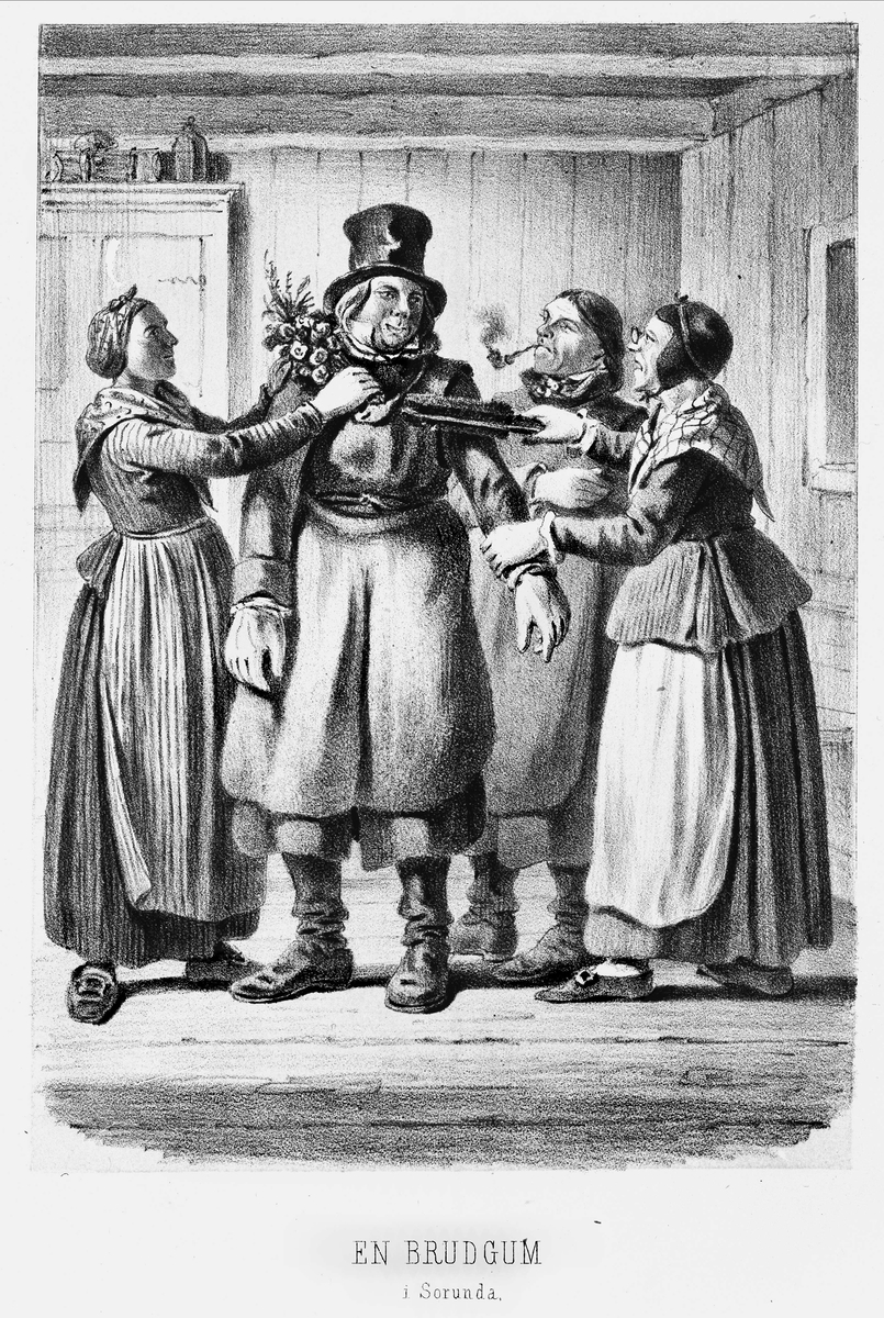 "En brudgum i Sorunda". Efter litografi av C A Dahlström, trol. 1850-tal. Interiör med en brudgum omgiven av två kvinnor och en piprökande man.