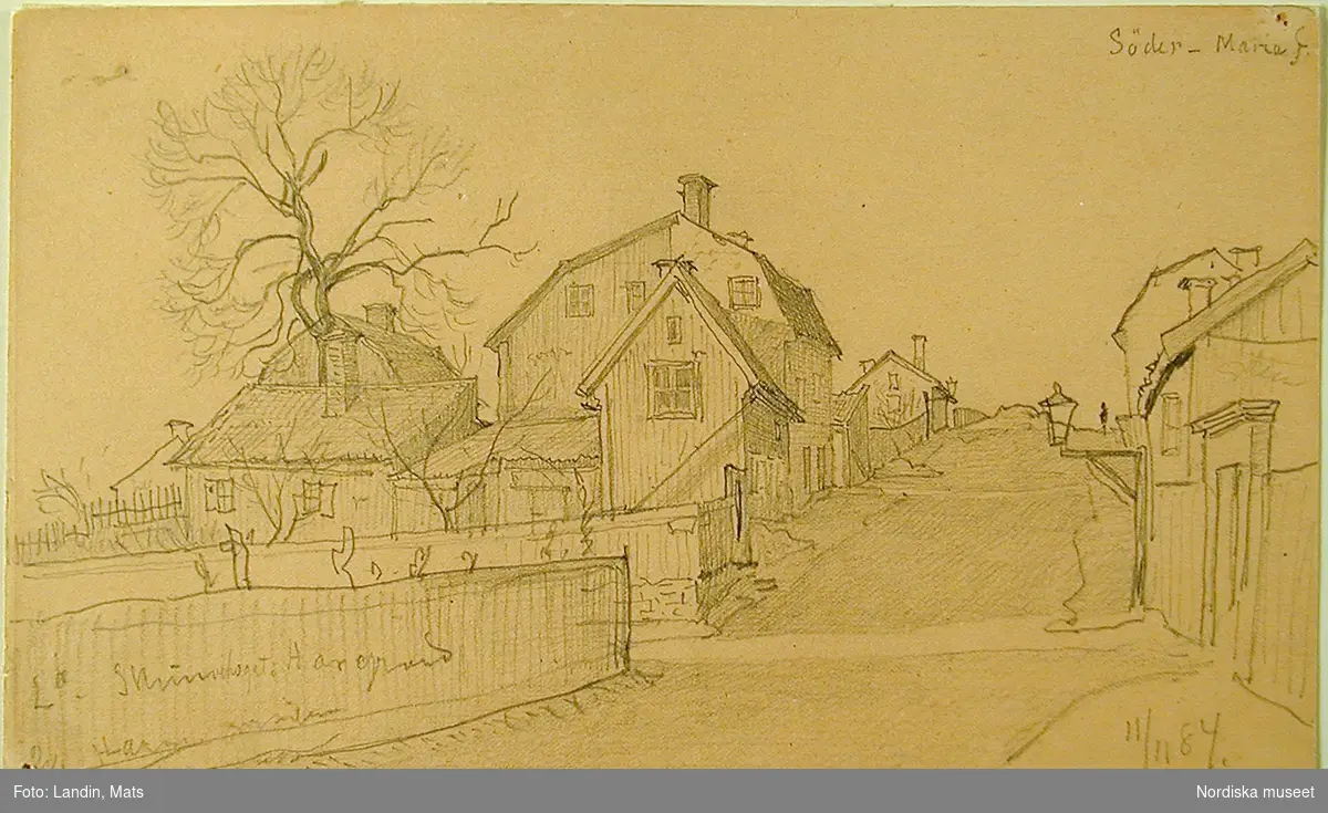 Teckning av A T Gellerstedt. "Kvarter vid Skinnarviksgatan på Södermalm, november 1884."
