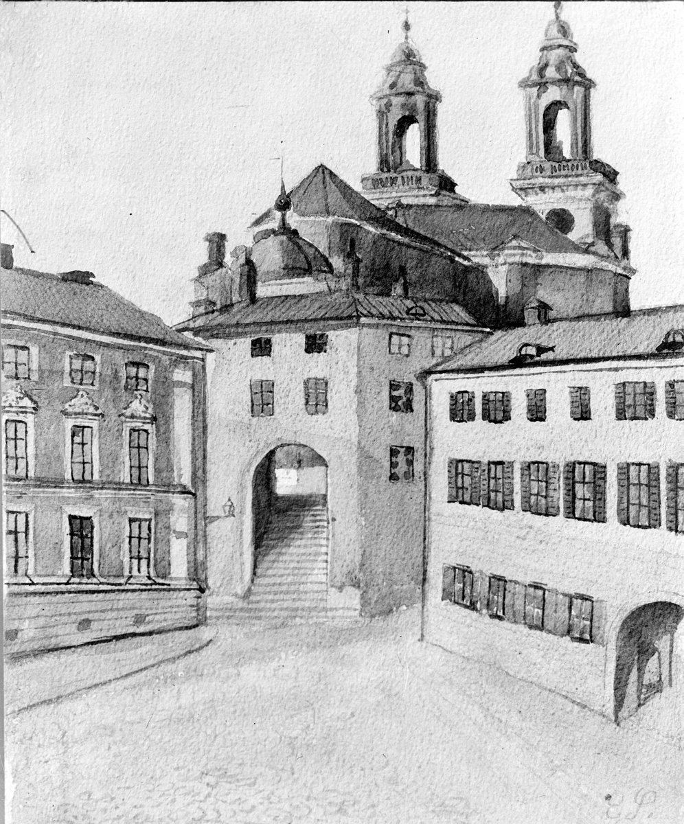 Akvarell - Gillet, Domtrapphuset, Gillbergska huset och Uppsala domkyrka med Hårlemanska huvarna, Uppsala