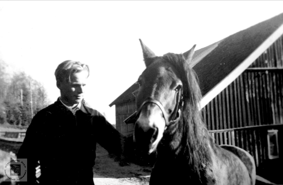 Portrett av Gerald Fidje med hesten.