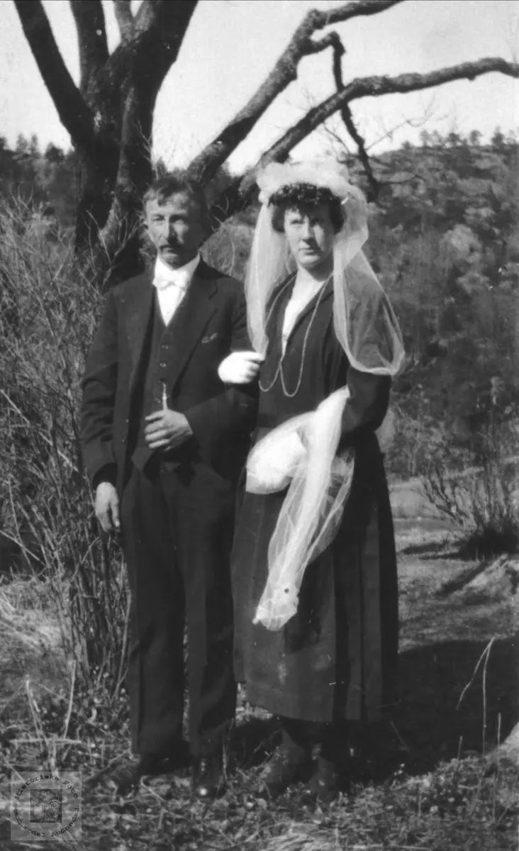 Bryllupsbilde av Thyge og Mathilde Breland, Øyslebø. Historiske Foto