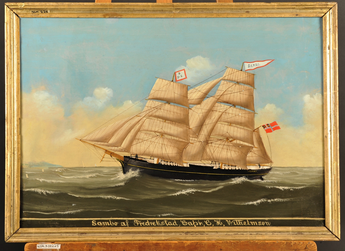 'Sambo' af Fredrikstad Capt. C. H. Wilhelmsen. Unionsflagg fra gaffelen, navnevimpel fra stortoppen, fra fortoppen med D og Nr (utydelig) og 6