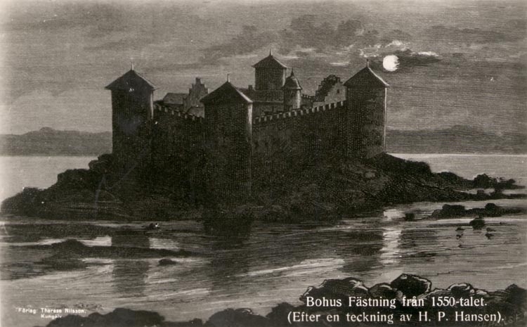 Tryckt text på kortet: "Bohus Fästning från 1550- talet. (Efter en teckning av H. P. Hansen)".