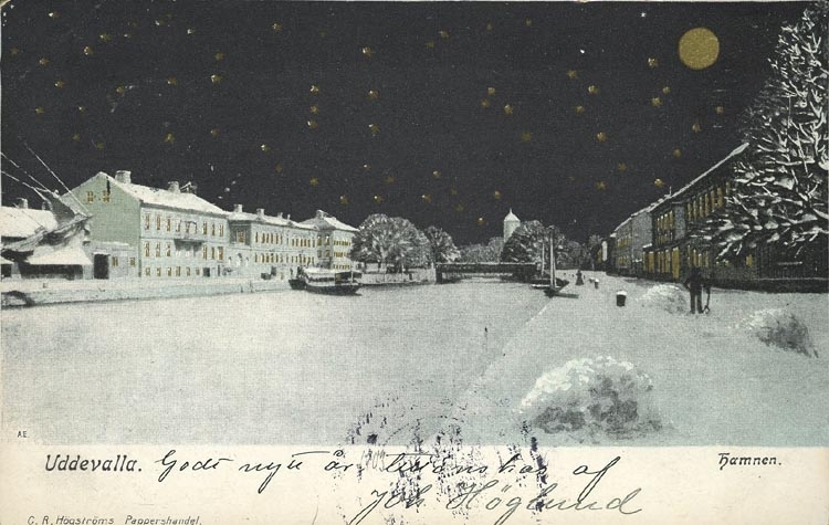 Tryckt text på vykortets framsida: "Uddevalla. hamnen."