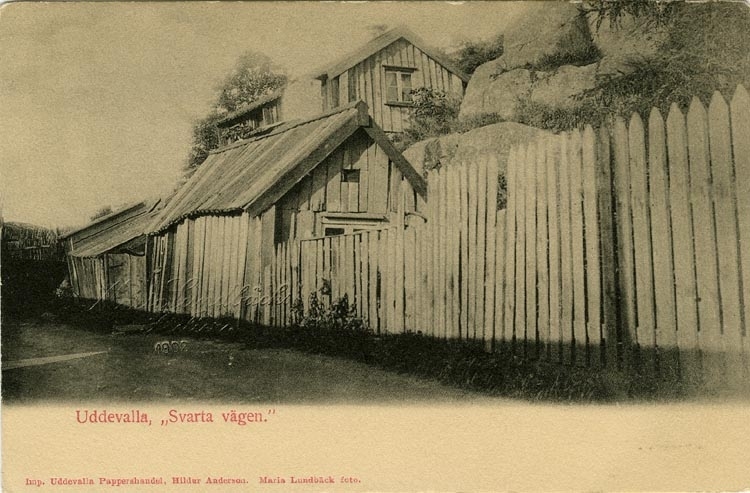 Tryckt text på vykortets framsida: "Uddevalla, Svarta vägen."
