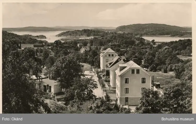 Tryckt text på vykortets framsida: "Uddevalla, Byfjorden från Annegreteberg."