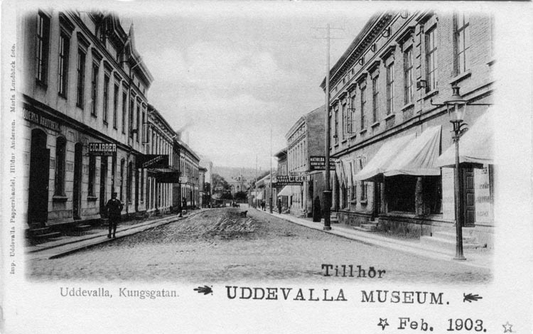 Tryckt text på vykortets framsida: "Uddevalla, Kungsgatan."
