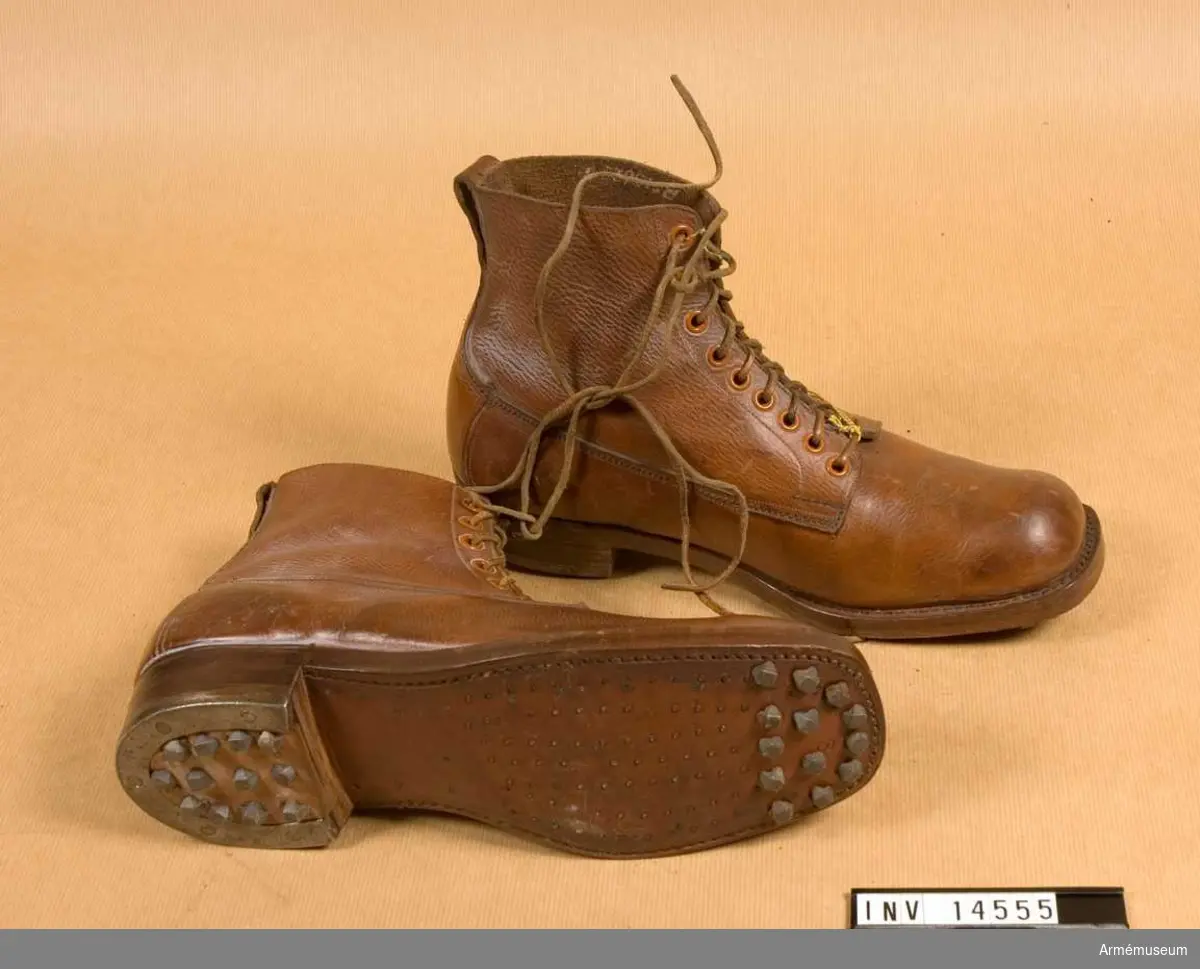 Grupp C I.
Snörskor av grovt brunfärgat läder med inskärning på framsidan och försedda med 6 par järnringar för att snöra skorna med snören av läder.