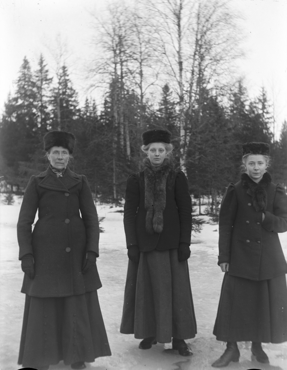 Uppland, Breds socken, Vreta sannolikt. "Damer på isen". Från vänster sannolikt: Sofia Matilda Carlsdotter (faster till övriga två), Elin Hansson (sedermera gift Wallin), Elins syster Anna Hansson. Fotot är taget den 3 januari 1910 klockan 17.