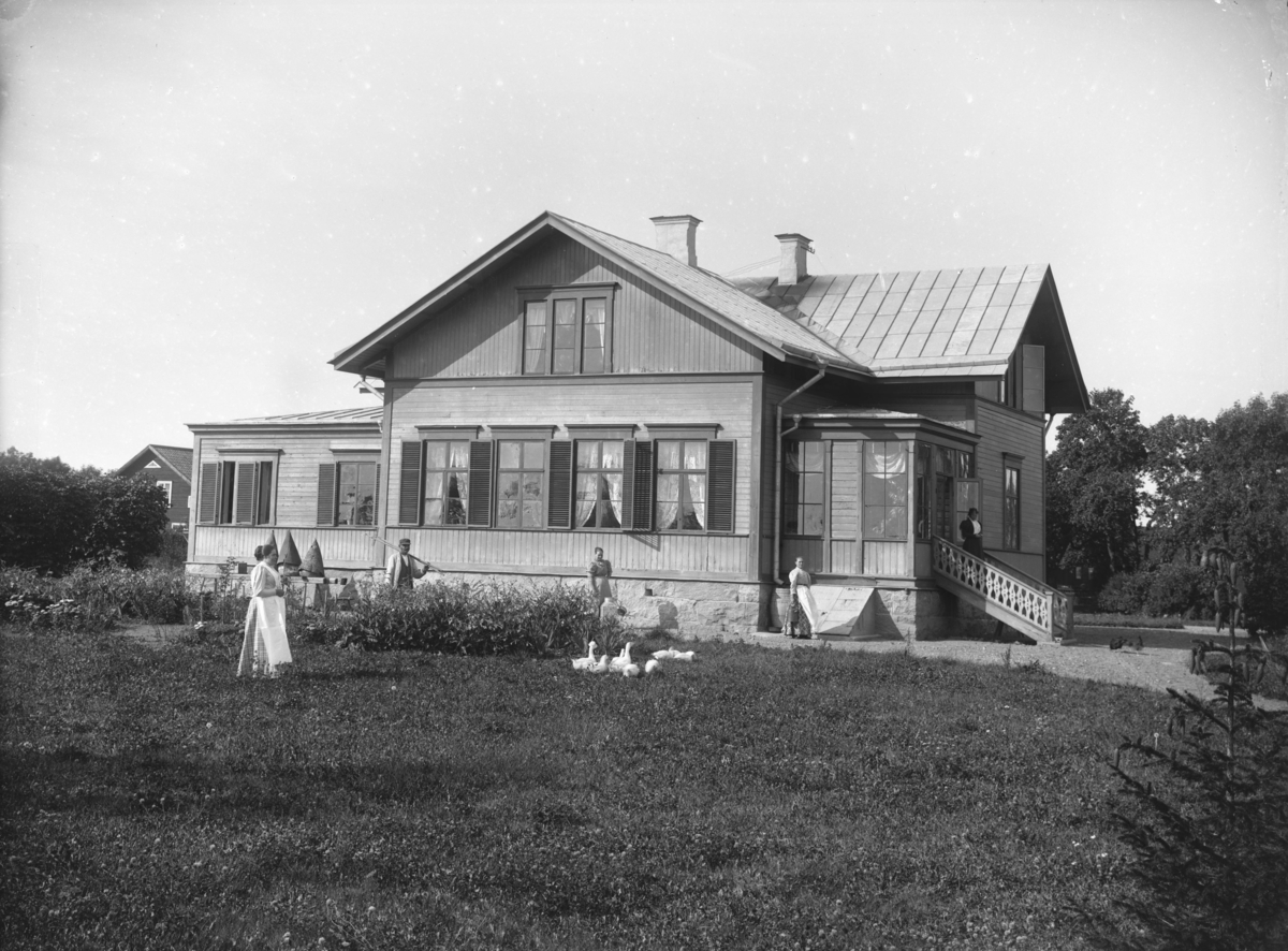 Rekasta No. 3 (adress Rekasta 13), Vårfrukyrka socken, Uppland, troligen 31 augusti 1897. På trappan Agnes Karolina Larson född Forsberg (1848-1930), fru till ägare grosshandlare Adler Larson, Stockholm.