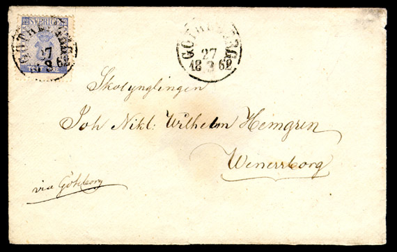 Albumblad innehållande 1 monterat brev

Text: 1862 -MARCH 27 - 12 öre bright ultra marine on letter from
Gothenburg to Wenersborg.

Stämpeltyp: Normalstämpel 10