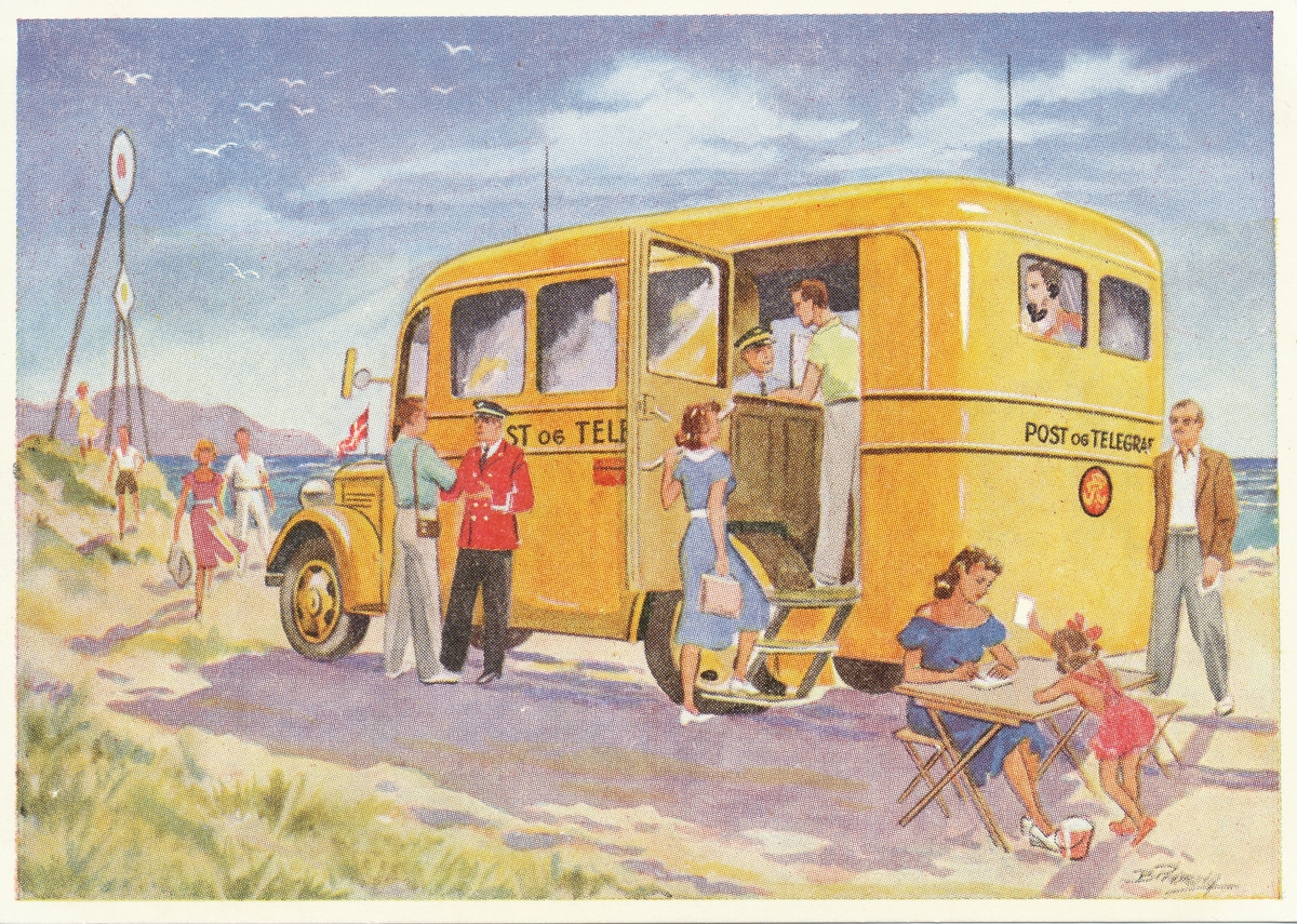 Grafisk bild av "det rullande postkontoret", telegraf- och postbuss.