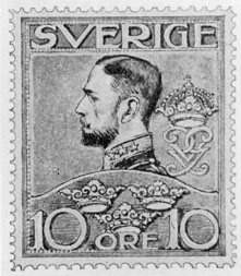 Frimärksförlaga till frimärket Gustaf V, utgivet 1910. Olle Hjortzberg förslagsteckning nr 1. 
Valör 10 öre.