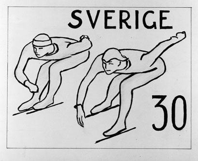 Ej realiserade förslag till frimärke Riksidrottsförbundet 50 år, utgivet 27/5 1953. Svenska gymnastik- och idrottsföreningars
riksförbund bildades 1903. Konstnär: Georg Lagerstedt.
Valör 30 öre.