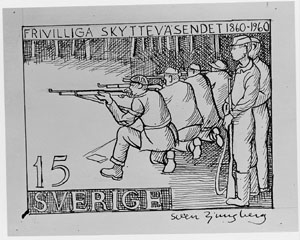 Frimärksförslag - skissförslag - till frimärket Frivilliga Skytteväsendets 100-årsjubileum, utgivet 30/6 1960, av konstnär Sven Ljungberg. (I Postmusei samlingar).
Valör 15 öre.