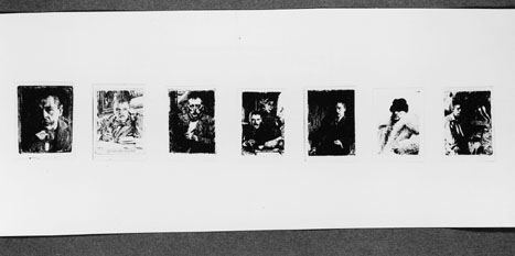 Frimärksförlaga till frimärket Anders Zorn, utgivet 18/2 1960. Anders Zorn (1860 - 1920). Textkomposition av frimärksgravören Arne Wallhorn. Förslag till frimärksmotiv. Förminskade foton till frimärksformat av 6 st etsningar visande Zorns självporträtt samt 1 st porträttfoto (2:a från höger)