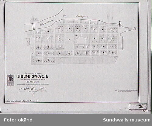 Karta över Sundsvall efter branden 1805 av E.J .Stagnell. Kopierad 1895.