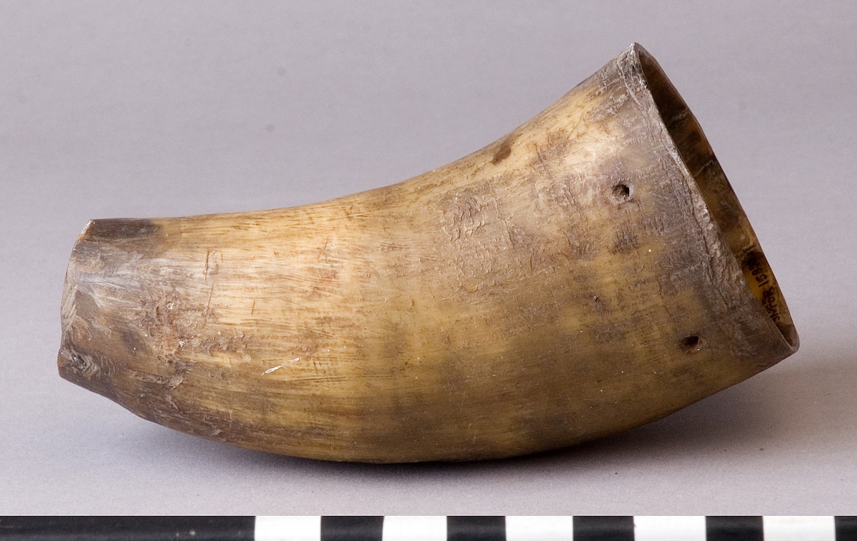 Korvhorn, urgröpt av horn, i en oval form som är svagt böjd.
Runt den största öppningen, ca 10 mm ifrån kanten, finns det 8 stycken hål jämt fördelat. Hålen är ca 3 mm i diameter varav ett hål är försett med en träplugg.