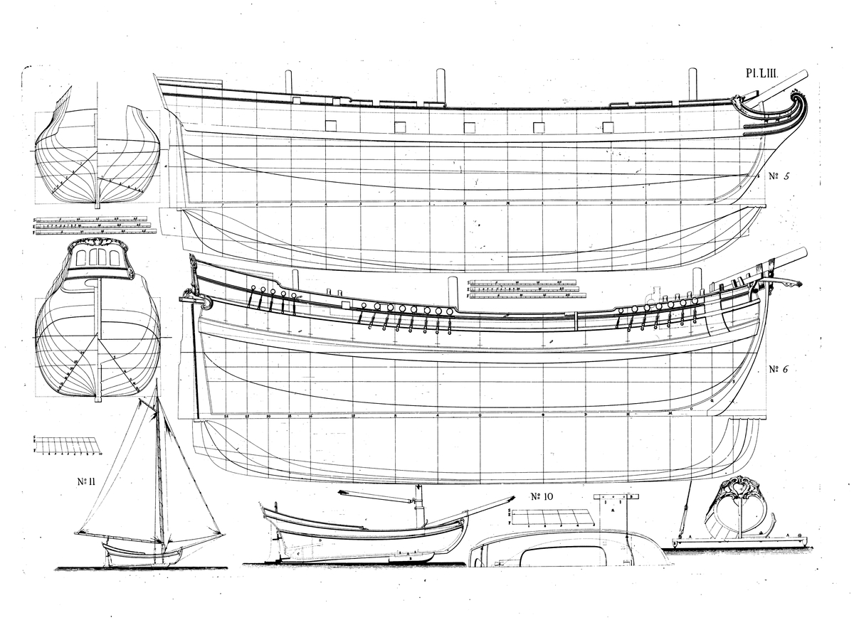 Det franska lastfartyget LE CHAMEAU (1718, ritning nr 5), holländskt flöjtskepp (6) samt en isjakt (10) och riggen på den sistnämnda (11). Profil-, linje- och spantritningar.