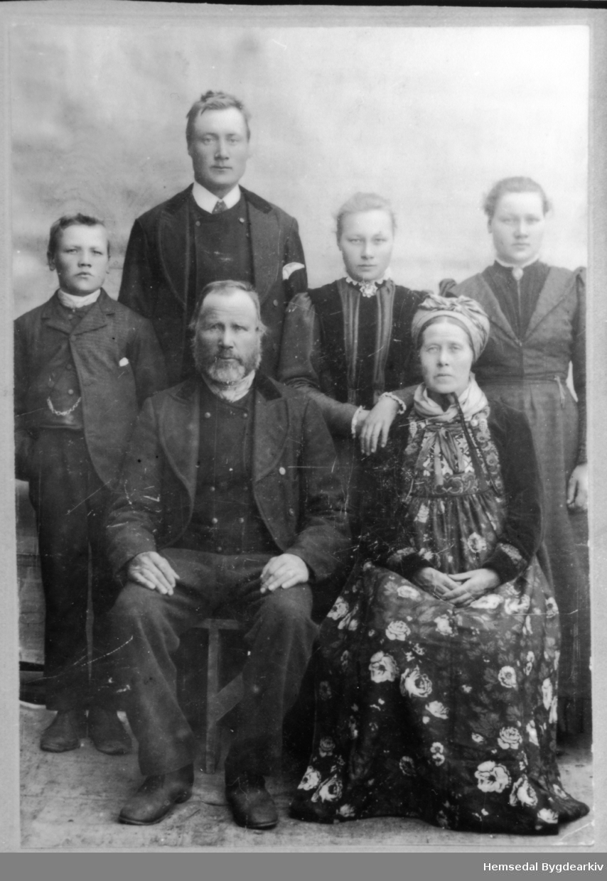 Ola O. Kariset (1841 - 1918) frå Hemsedal med kona Kristi Ingvarsdotter Grøndalen, fødd 1845.
Borna frå venstre: Arne, fødd 1886; Ola, fødd 1873; Margit, fødd 1879 og Kari, fødd 1883.