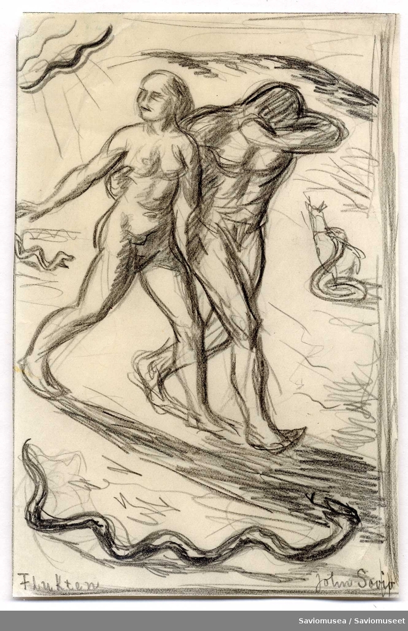 En tegning av Adam og Eva som flykter fra paradiset. Tre slanger er avibildet. Sol i øvre venstre hjørne.