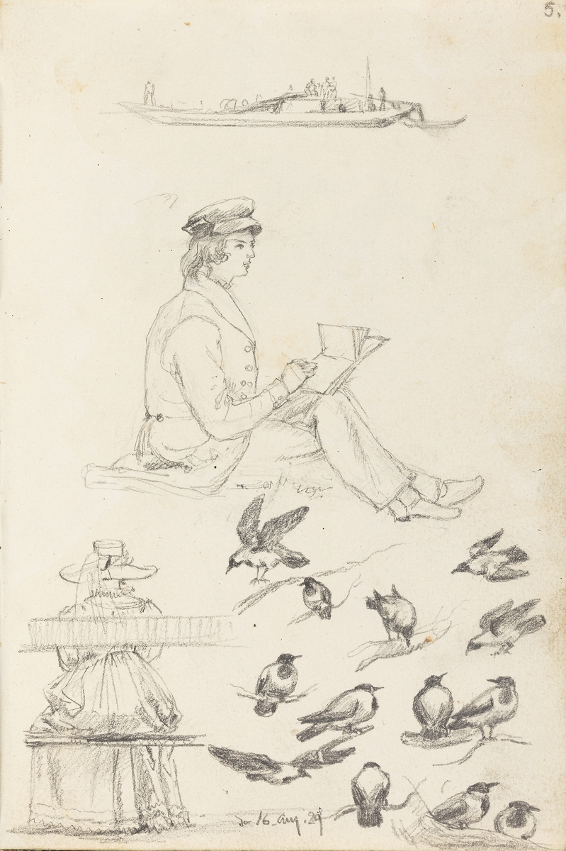 Båt; ung kunstner; kvinne på benk; fugler [Tegning]