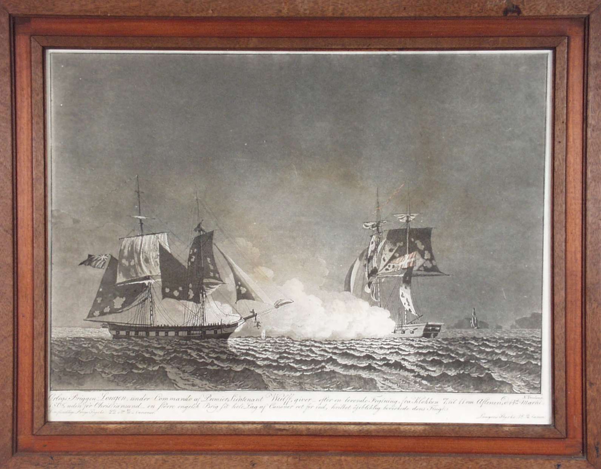 To seilskuter i kamp på havet. Orlogsbriggen Lougen i kamp mot en engelsk brigg utenfor Kristiansand.