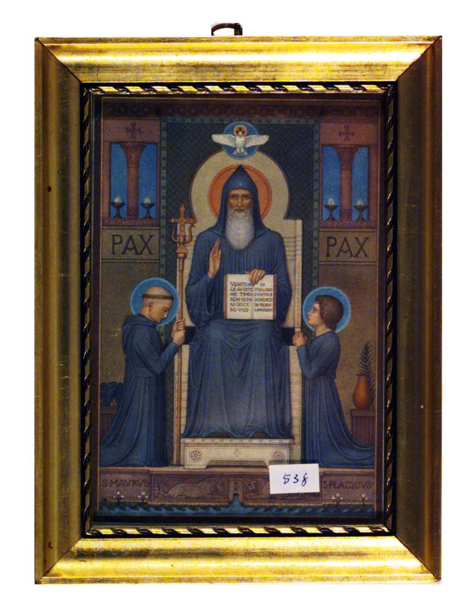 Bilder viser St. Benedict med hans to første disipler, S. Maurus  og S. Placidus. St. Benedict holder en åpen bok med latinsk tekst: Venite filii etc.