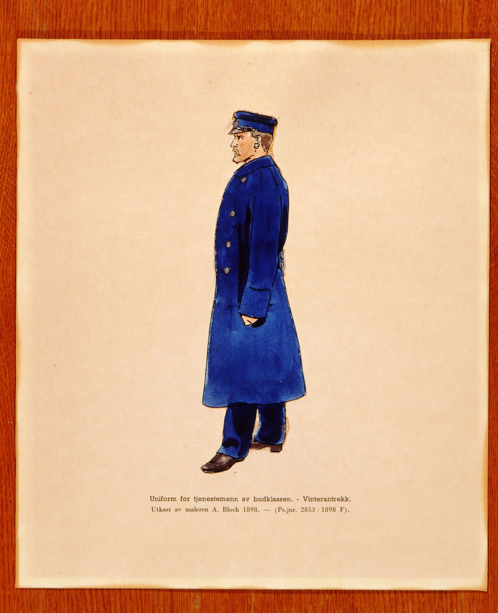 postmuseet, kunst, akvareller, uniformer, utkast, A. Bloch, Uniform for tjenestemenn av budklassen - Vinterantrekk, motivet finnes også på CD-rom PRO1, bilde nr 71