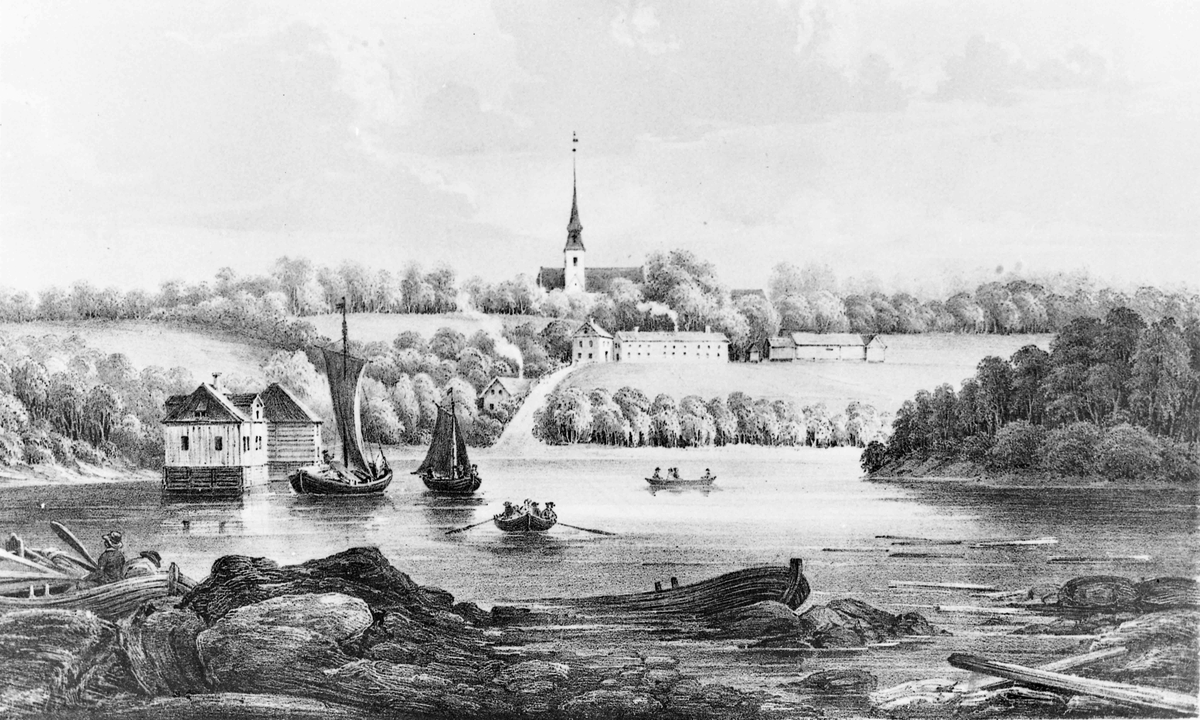 Eidsvoll Bad. "Eidsvollbakken i den tid da jernbanen blev bygget". Avfotografert maleri.